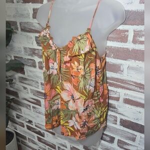 Billabong Floral Ruffle-Trim Spaghetti Strap Camisole - Peach, Olive & Pink